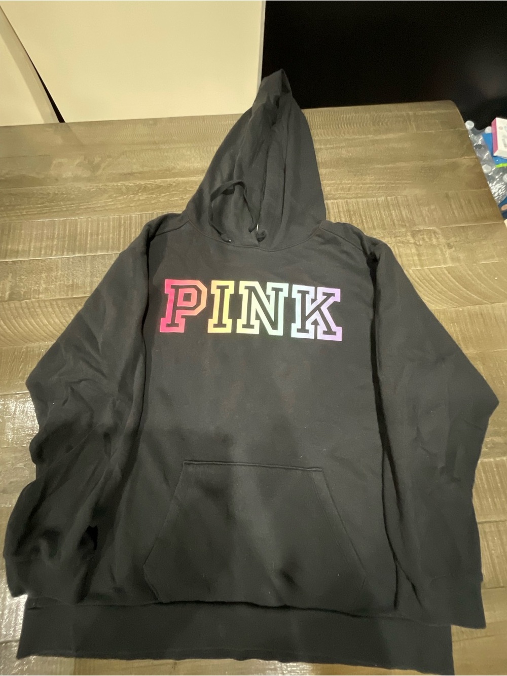 PINK Black Hoodie with Rainbow Lettering